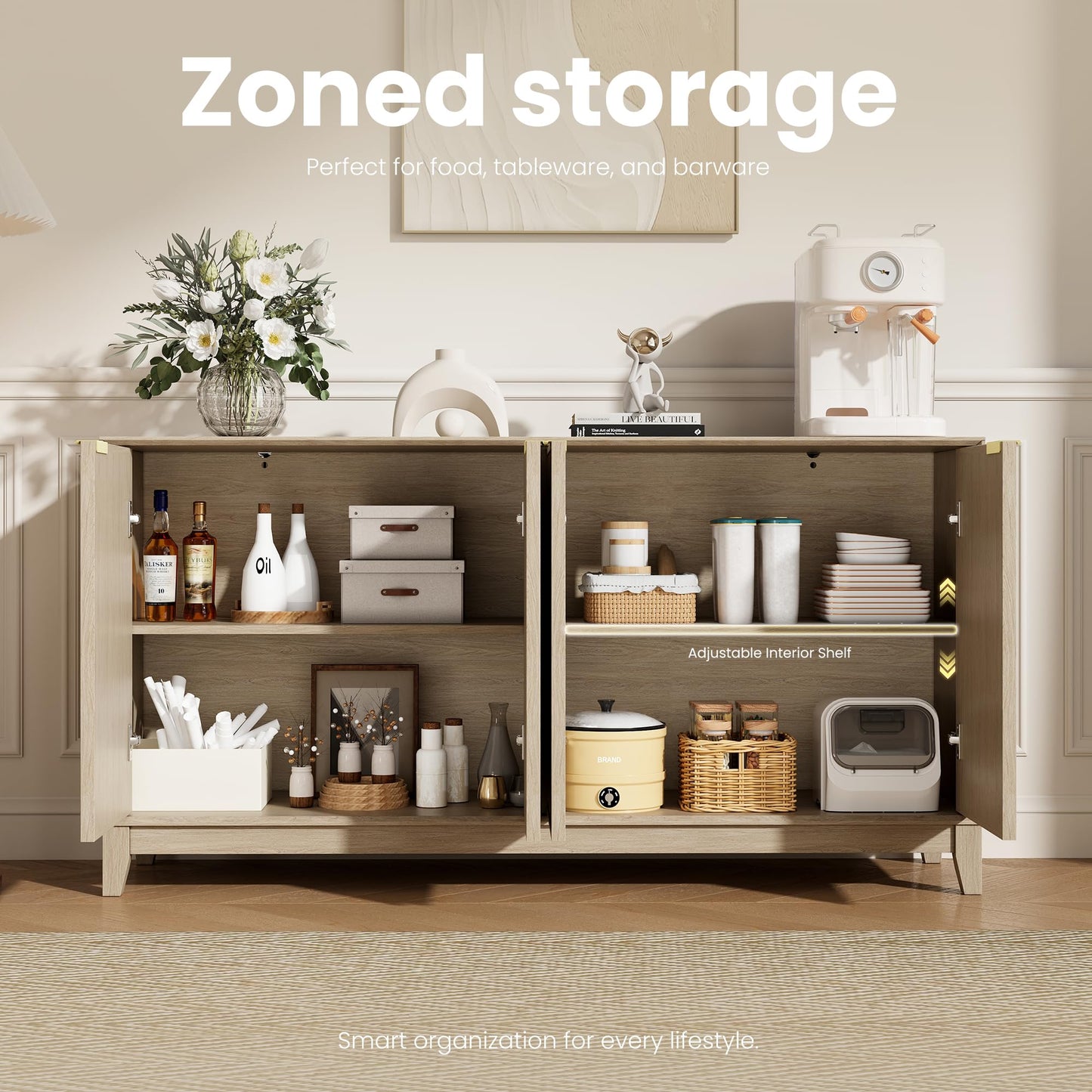 COLAMY Sideboard Cabinet, Wooden Sideboard Cabinet with 4 Doors, Textured Design, Adjustable Shelves, Soft Close Hinges