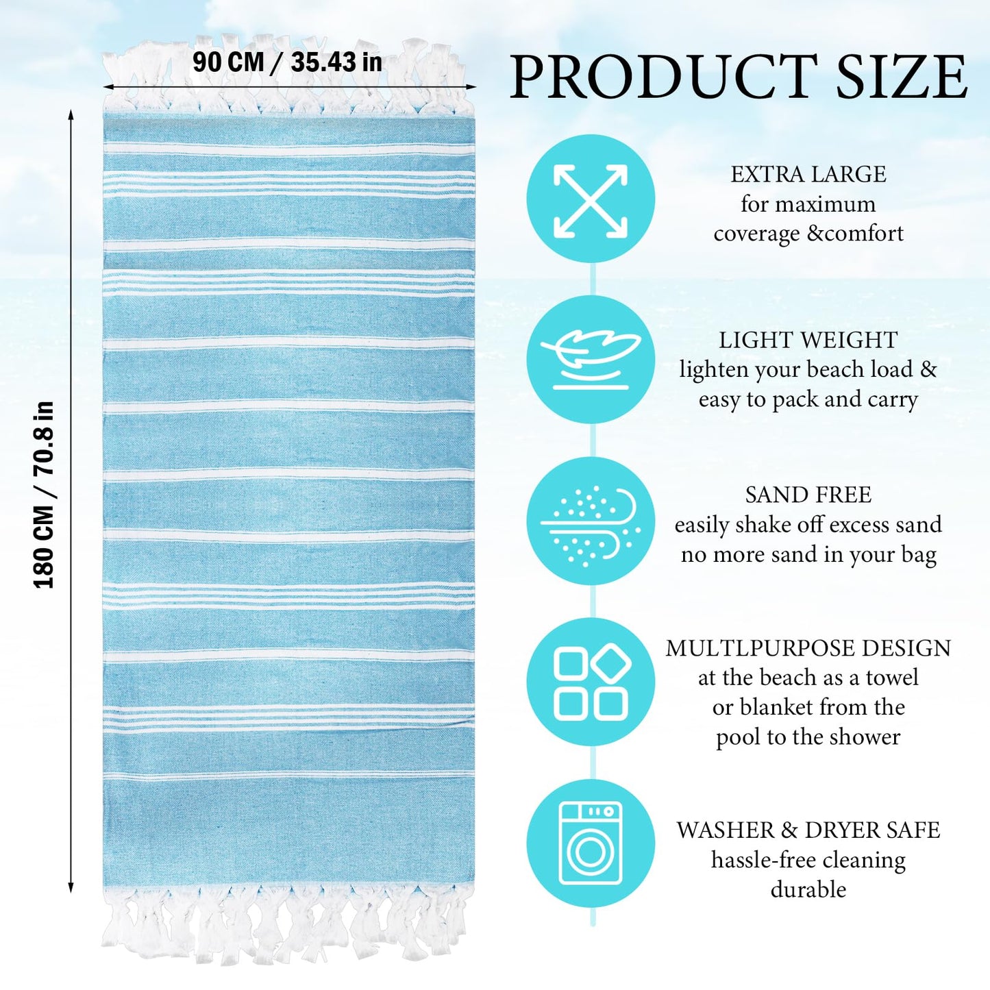 OJMHD 6 Pack Hammam Beach Towels, 180 x 90 cm Turkish Bath Towels Bulk