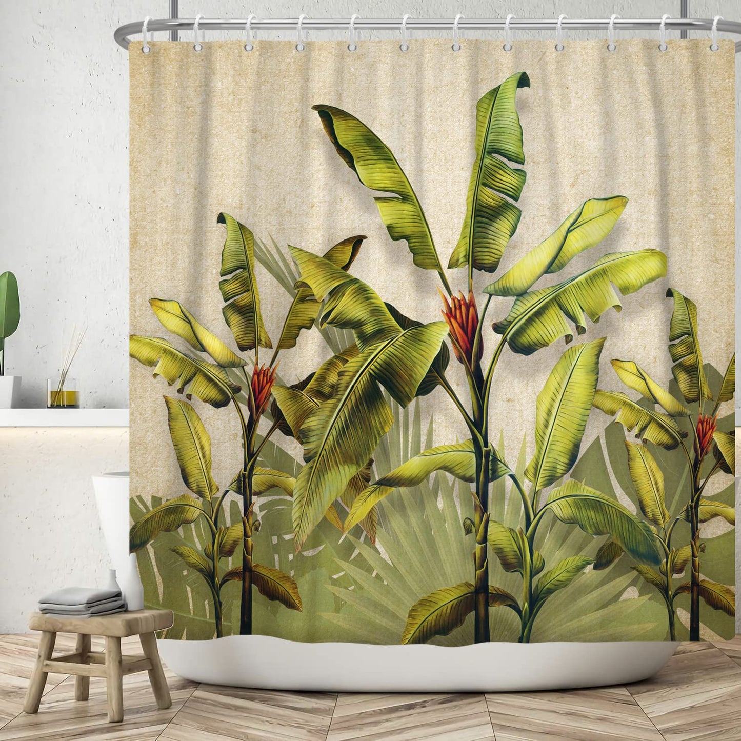 ASDCXZ Shower Curtain 180x200 cm, Vintage Tropical Green Banana and Palm Leaves Bath Curtain, Washable Polyester Textile Waterproof for Bathtub With
