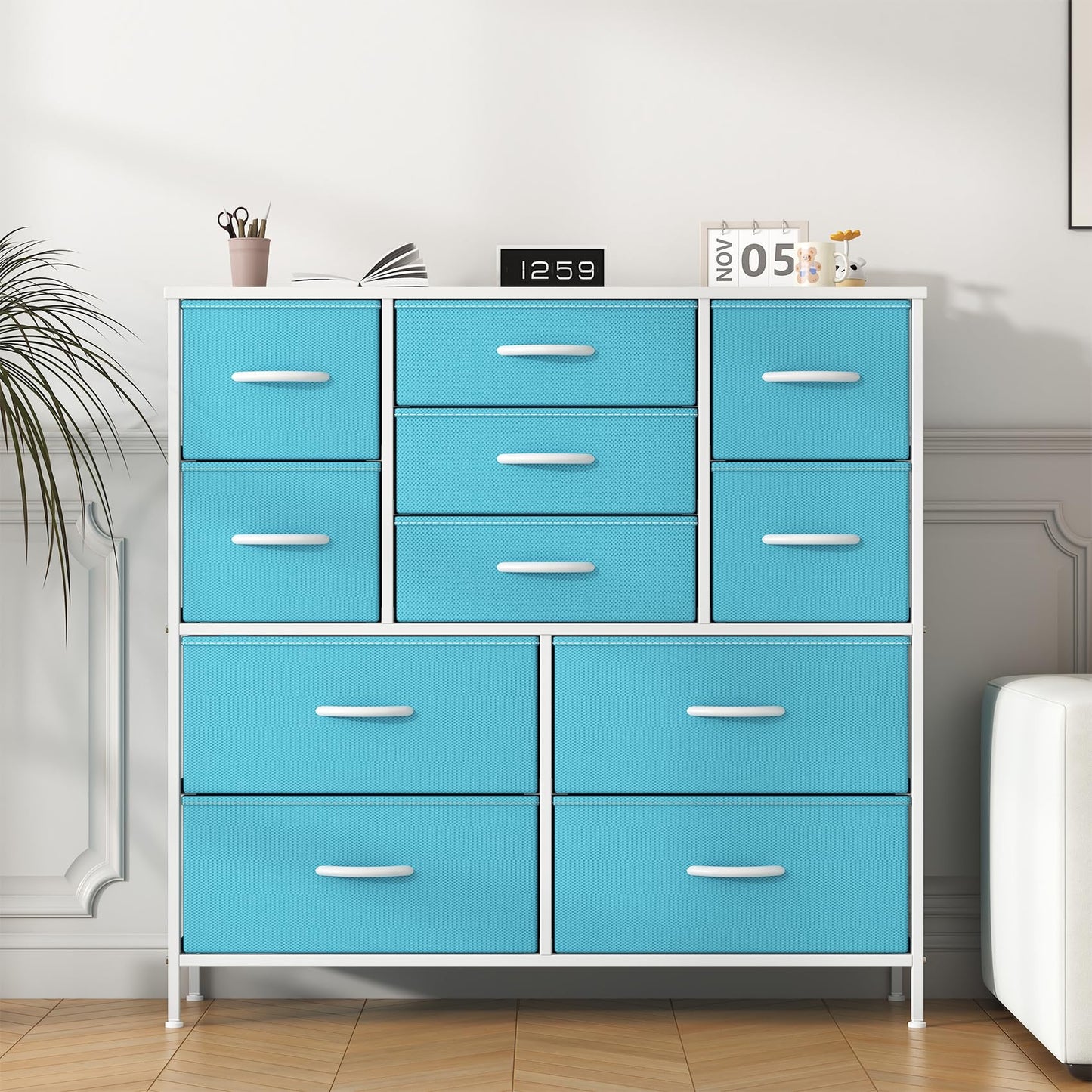 GoaHi Chest of Drawers, Large Dressers with Metal Frame and MDF Wooden Top Board, Adjustable Feet, Anti-Tip Safety