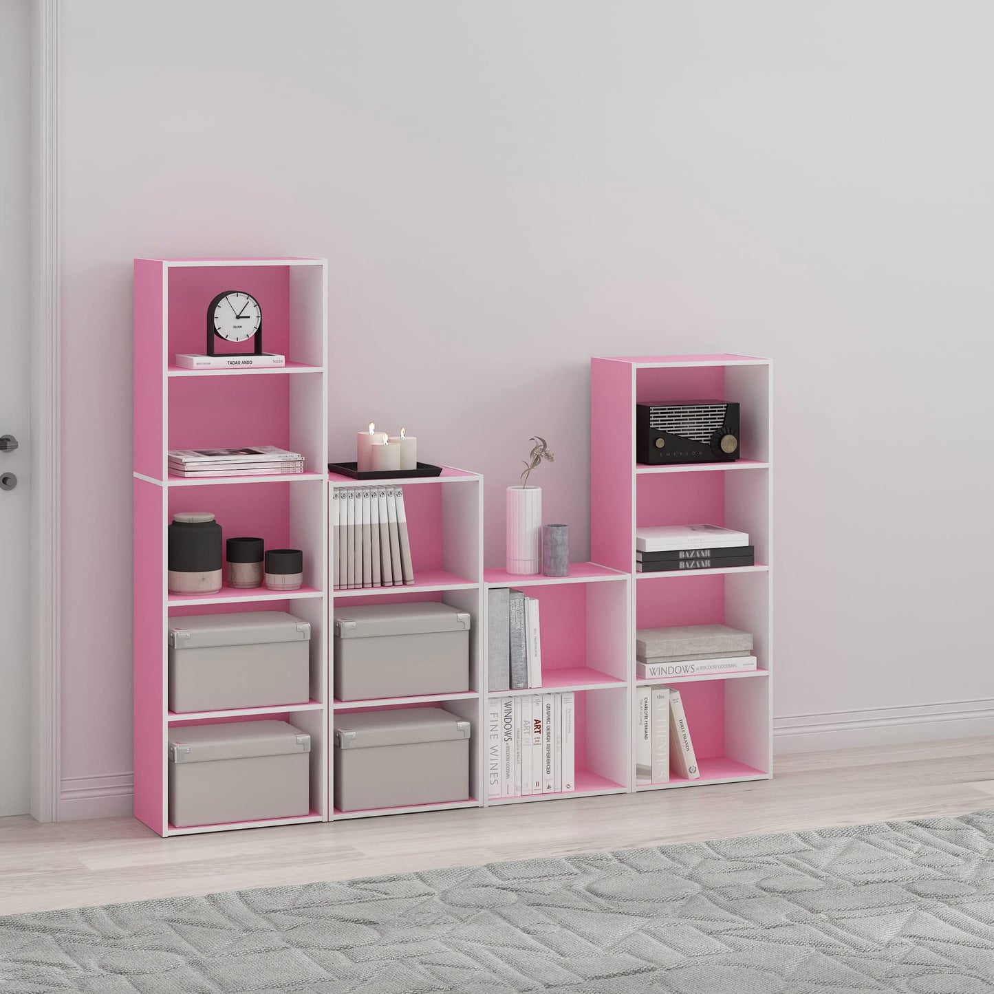 Furinno LUDER Book Shelf, 3-Tier Modern Bookshelf, Open Shelves Bookcase 9.3 x 16 x 31.4, for Living Room, Bedroom, Home Office, Pink/White