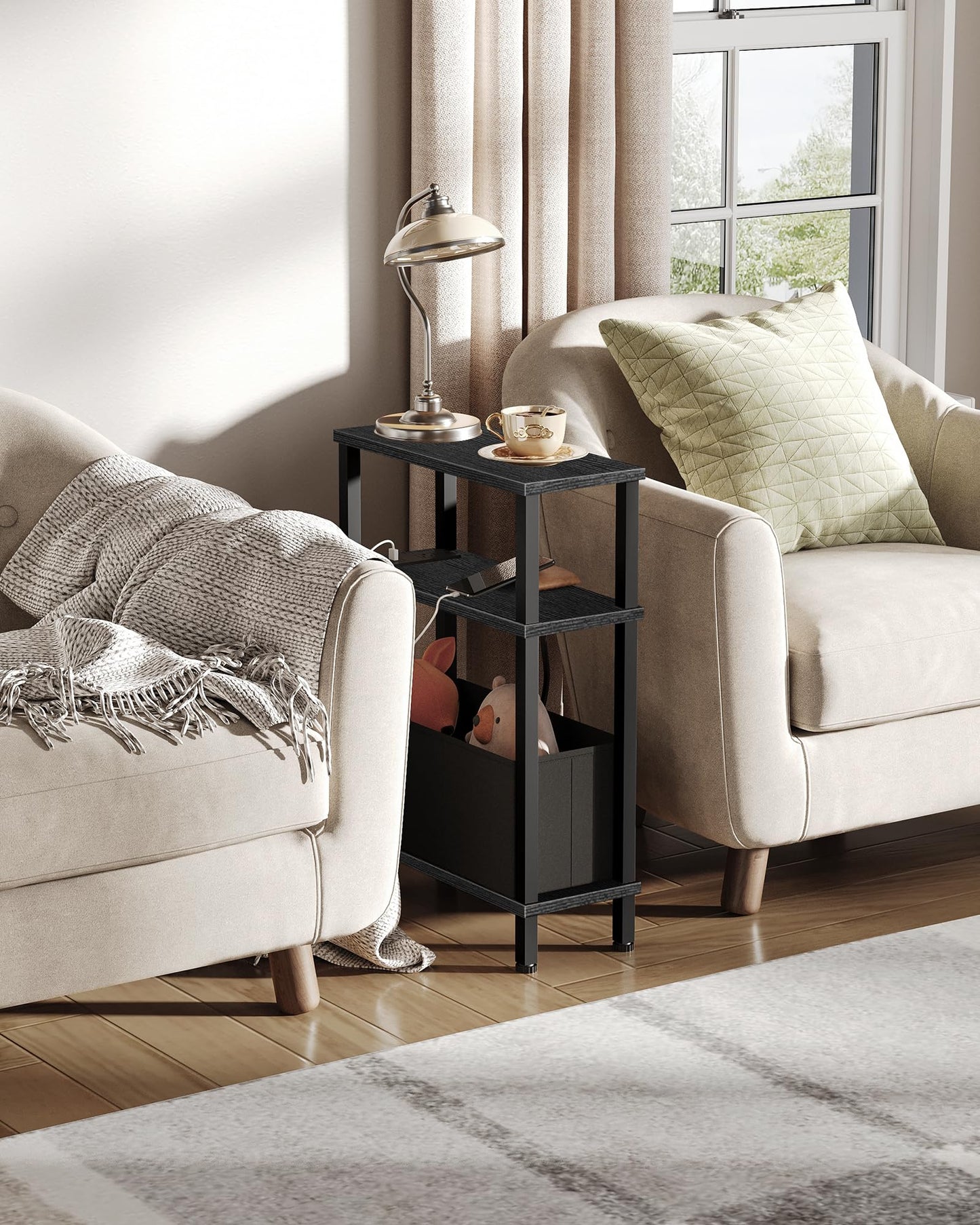 CHOEZON Slim Side Table with Charging Station, 3-Tier Narrow Side Table with Drawer, Skinny Bedside Table, End Table for Small Spaces, for Bedroom