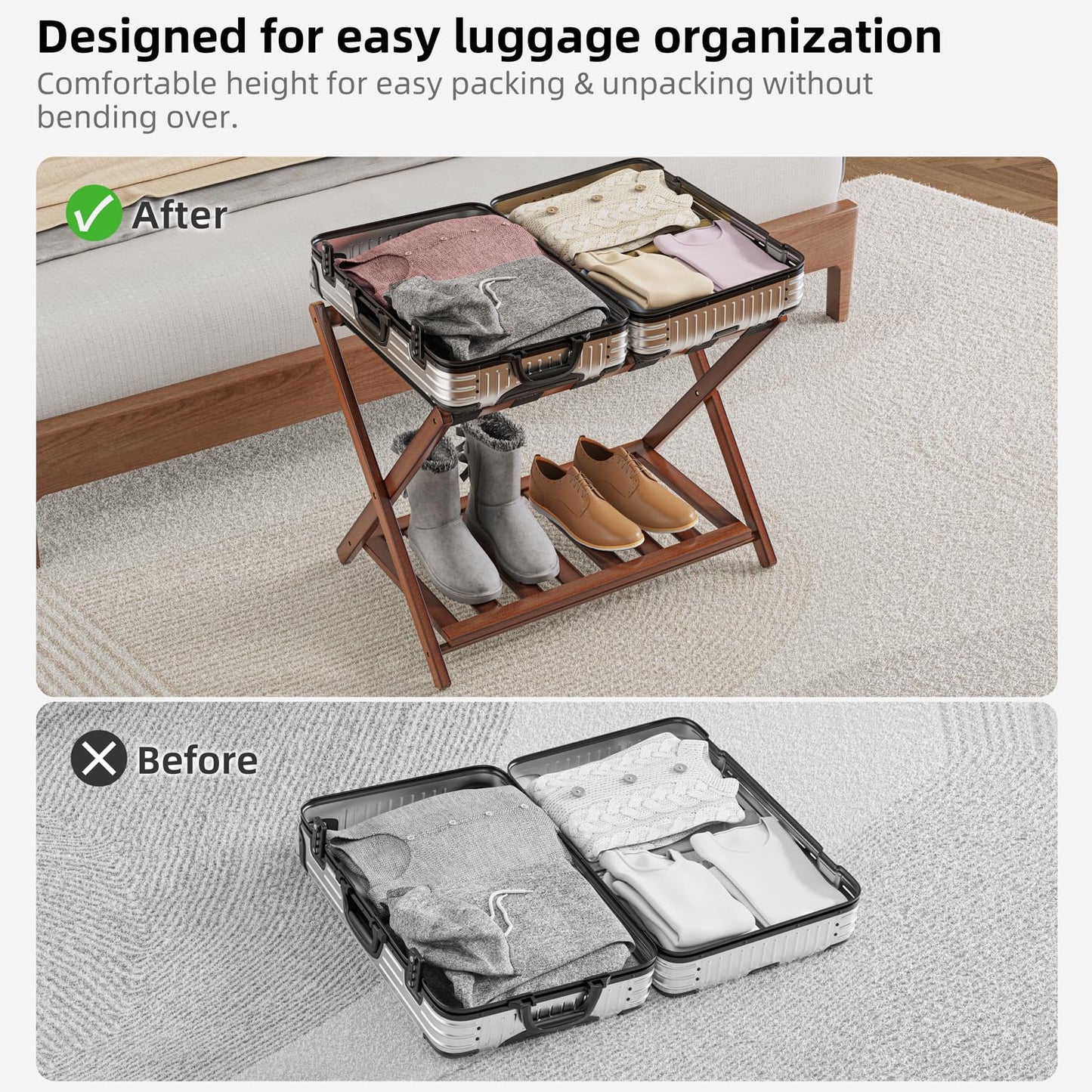 BAMBOOHOMIE Bamboo Luggage Rack for Guest Room, 26.77" Folding Wide Suitcase Stand with Storage Shelf