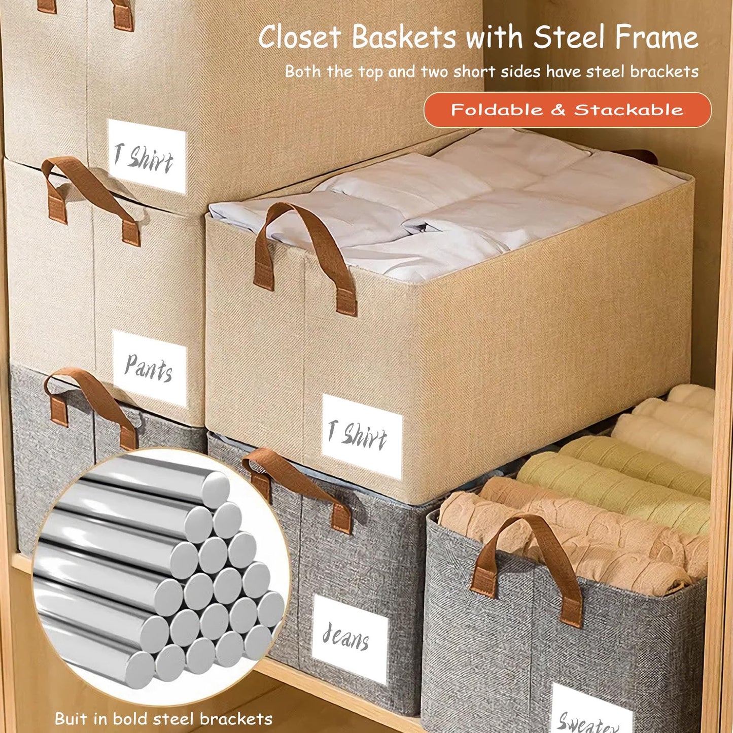 AARAINBOW Closet Storage Baskets 4 Pcs, Foldable Fabric Storage Baskets with Steel Frame