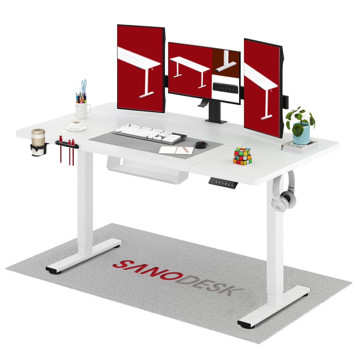SANODESK 160 * 60 Electric Standing Desk Height Adjustable Desk Built-in Cup Holder, Hooks