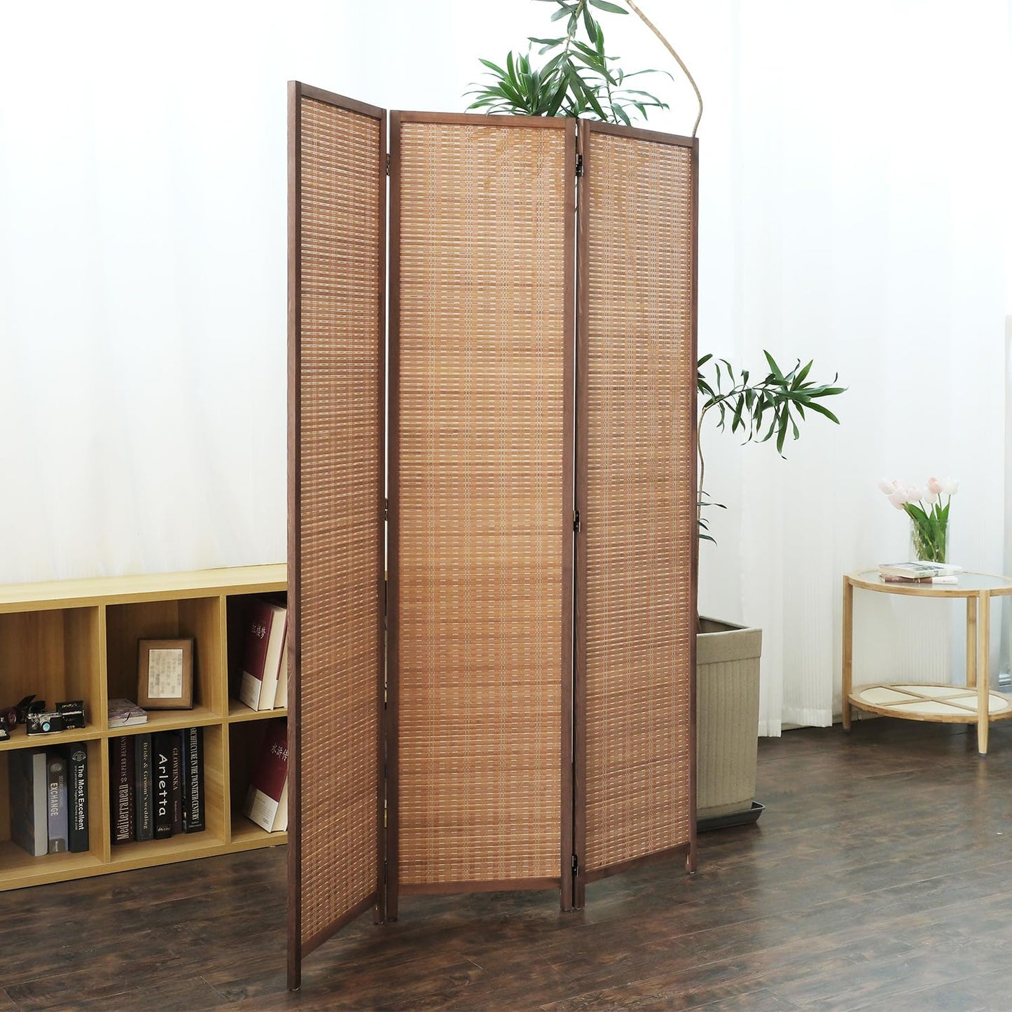 Furnnylane 3 Panel Bamboo Room Divider and Folding Panel Screen,Bamboo Panel Divider for Room Separation,Brown,170 cm H x 117 cm W