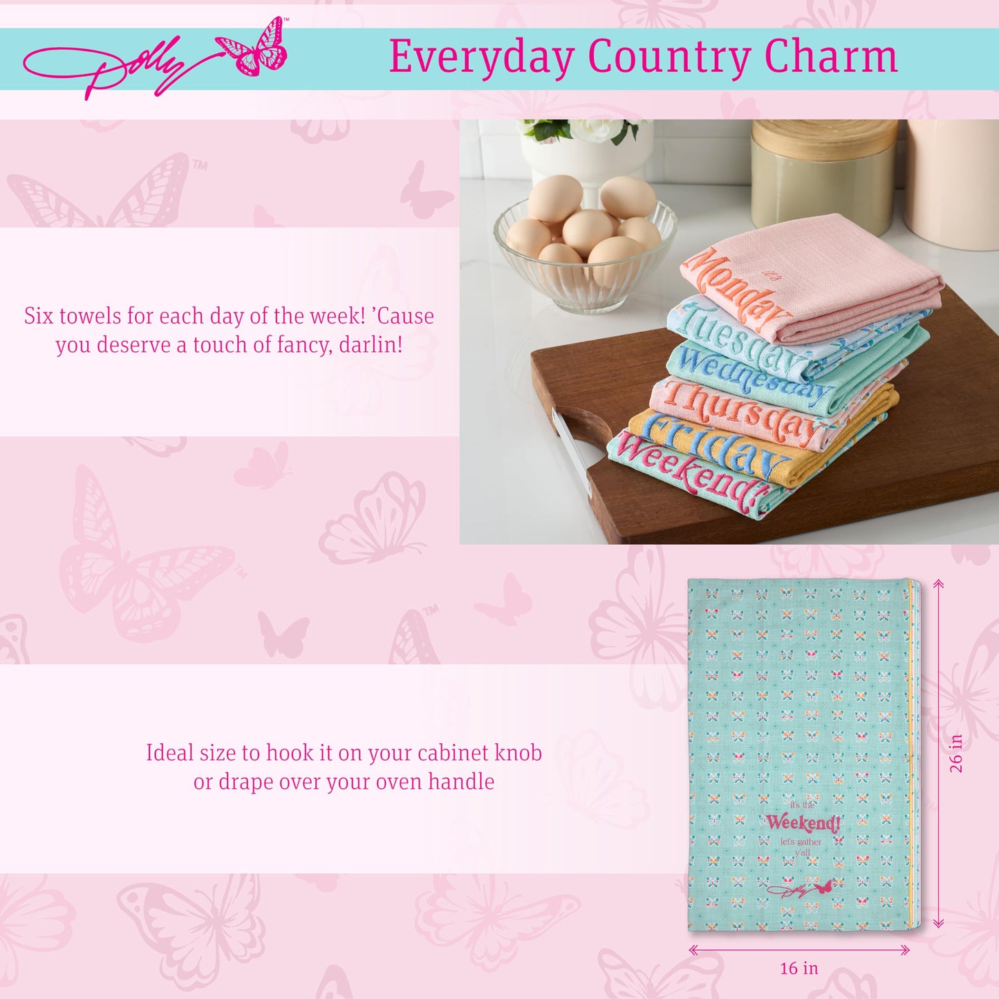Dolly Parton Days of the Week Kitchen Towel Set - 100% Cotton Soft Durable Dishtowel Décor with Dolly Signature Embroidery, Cute Phrases