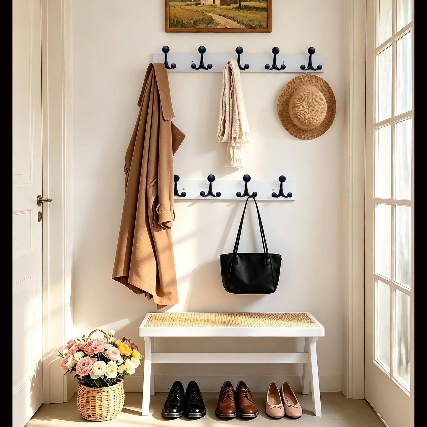 HONSKY Wall Mounted Coat Rack, 76cm White Pine Base, 5 Black Sturdy Aluminium Alloy Triple Hooks(15 Hanging Points)