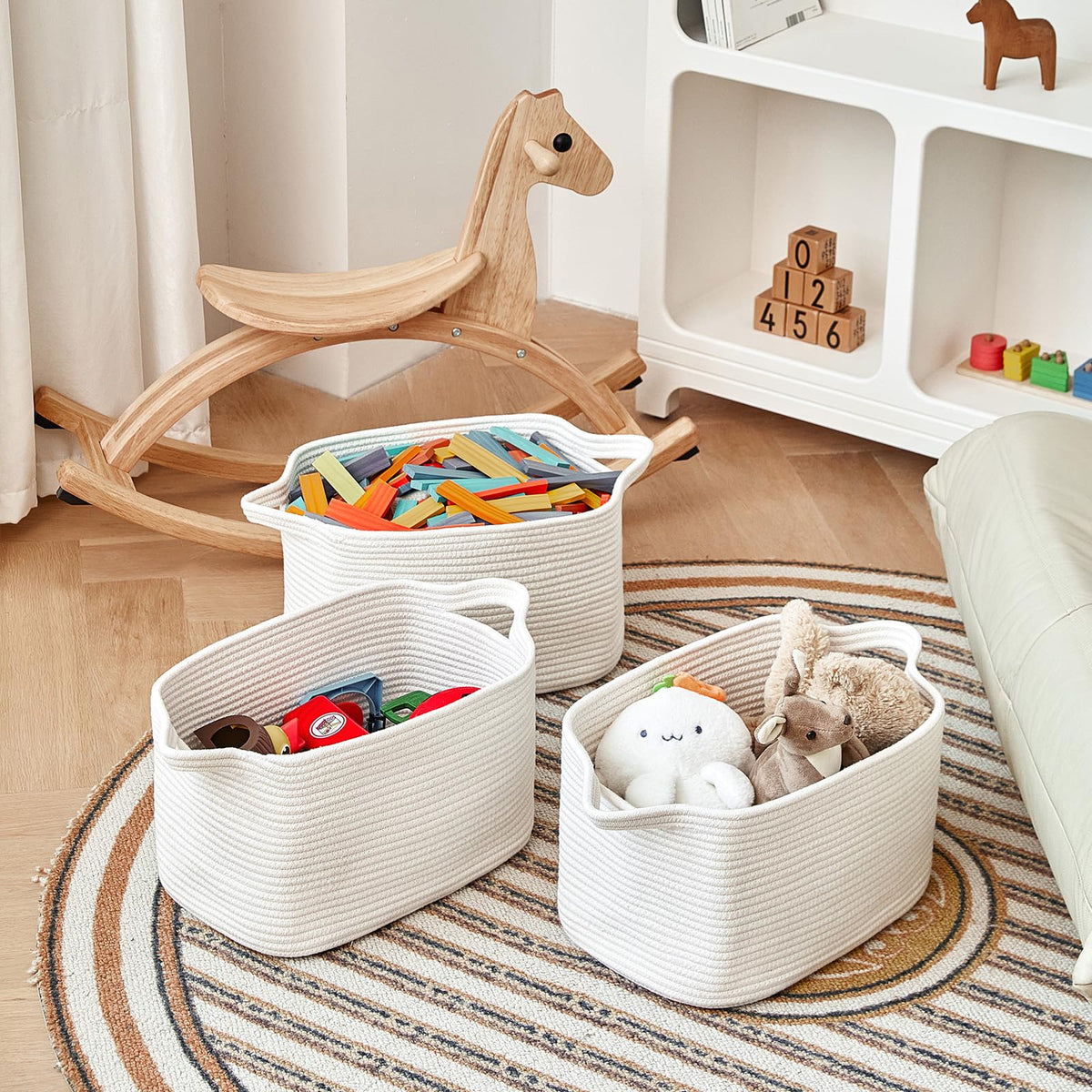 R RUNKA 3 Packs Cotton Rope Woven Basket With Handles for Shelves -15"*10.2"*9.1"White