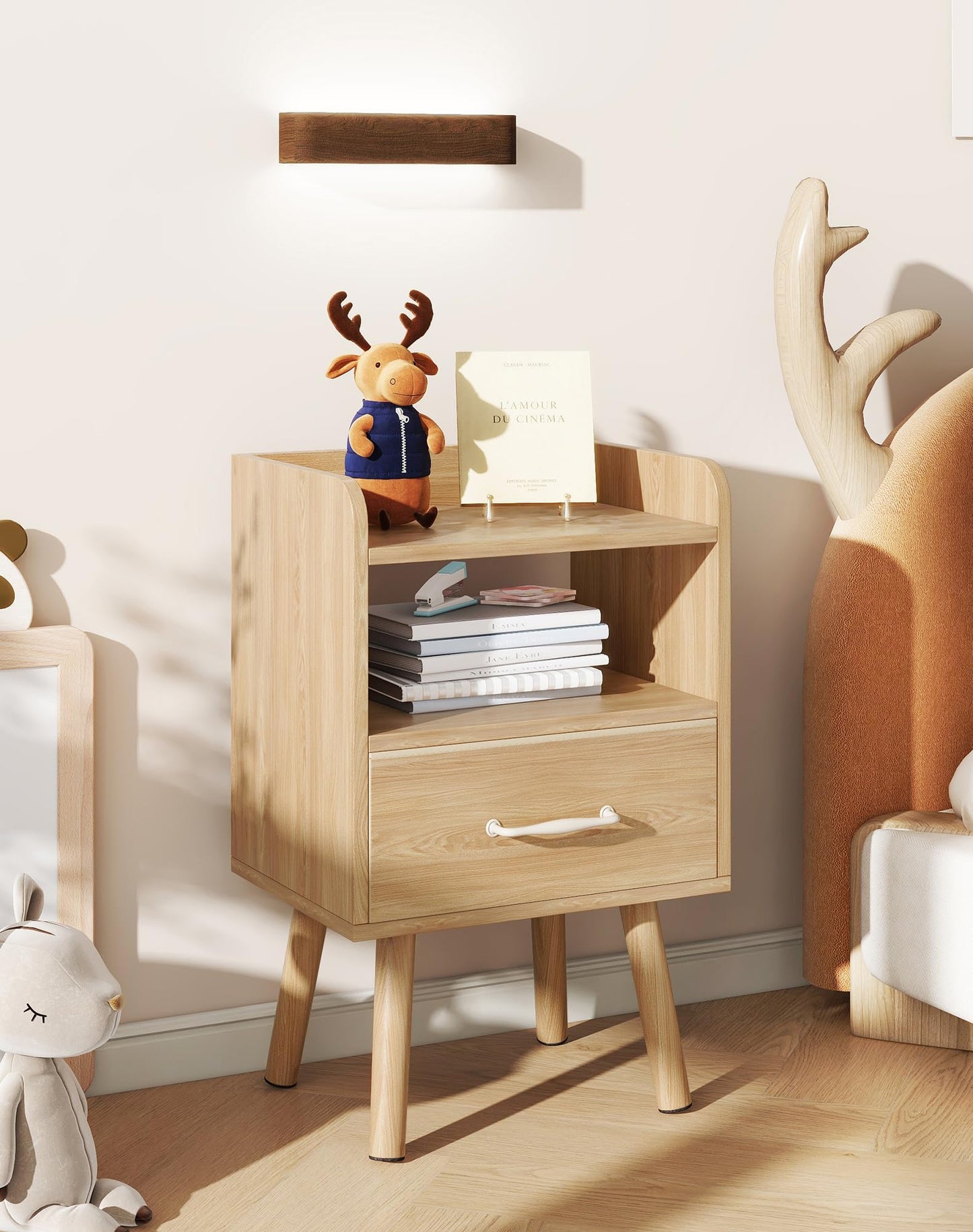 YMYNY Bedside Table Set of 2, Nightstand, Side Table, Wooden Sofa End Table with Fabric Drawer, Open Shelf, Solid Wood Legs, 39x29x63 cm, for Bedroom