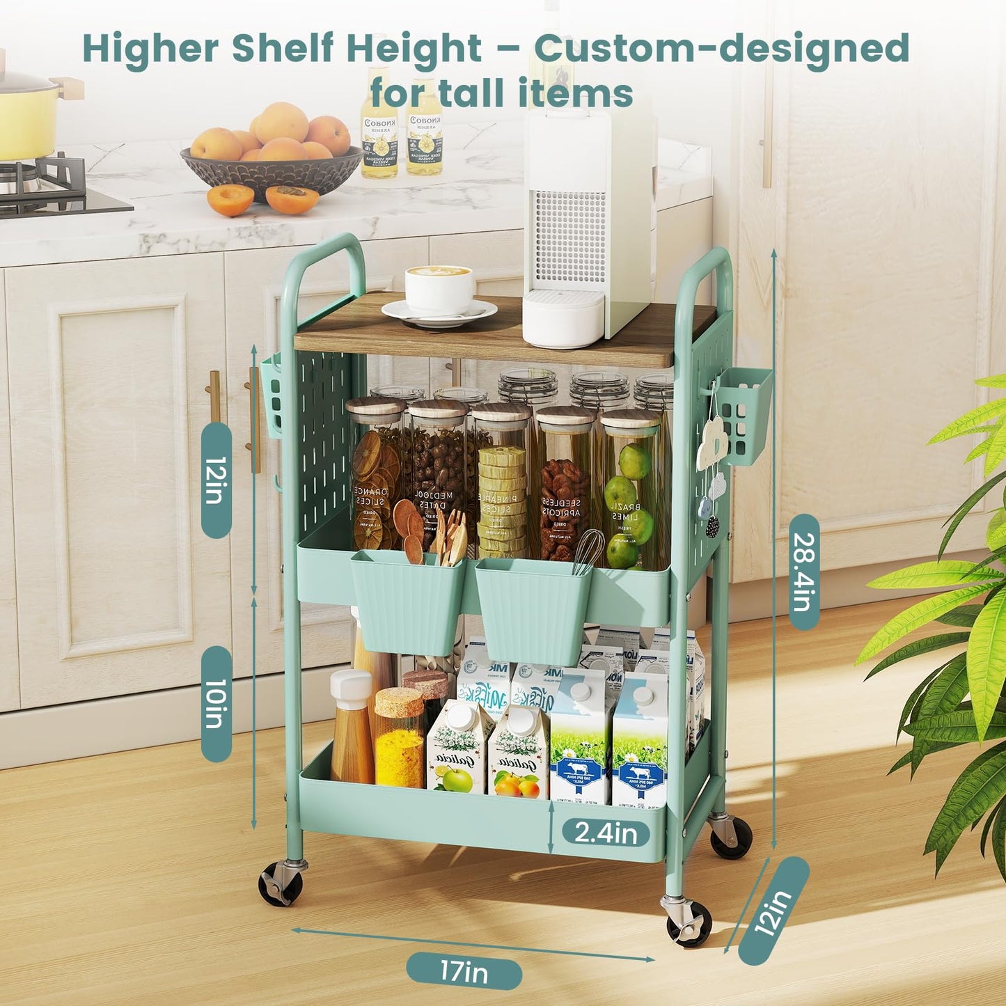 danpinera 3 Tier Rolling Cart, Metal Utility Cart with Wooden Table Top & DIY Pegboard, Rolling Carts