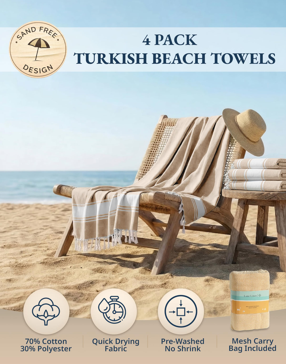 LANE LINEN Oversized Beach Towels – 4 Pack, 39"x71" Cotton Rich & Quick Dry Travel Towels for Adults, Lightweight & Pre-Washed for Soft Feel, Beige