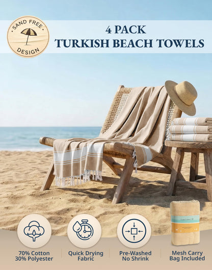 LANE LINEN Oversized Beach Towels – 4 Pack, 39"x71" Cotton Rich & Quick Dry Travel Towels for Adults, Lightweight & Pre-Washed for Soft Feel, Beige
