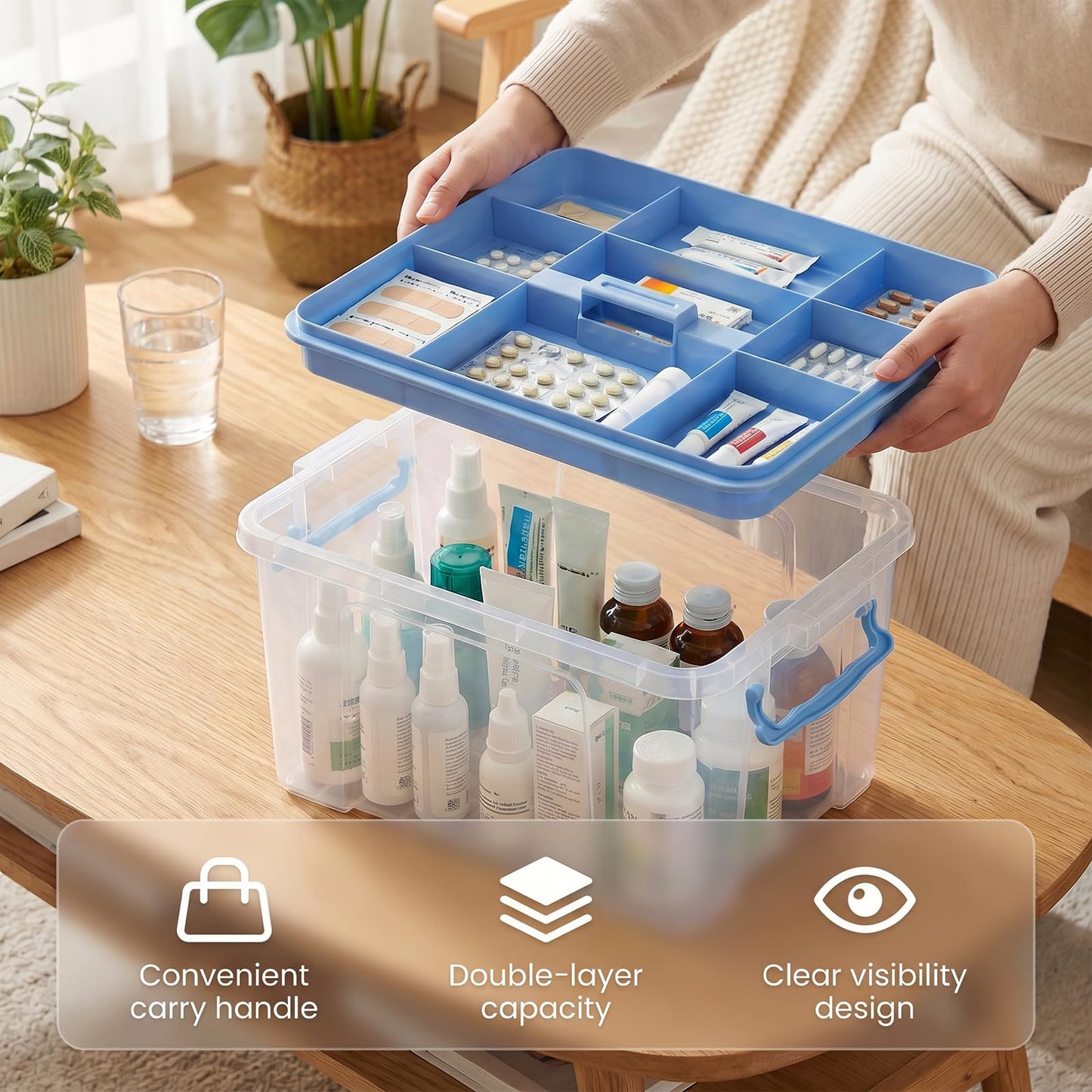 Stidyzo Medicine Storage Box, Large Storage Boxes with Lid, Blue