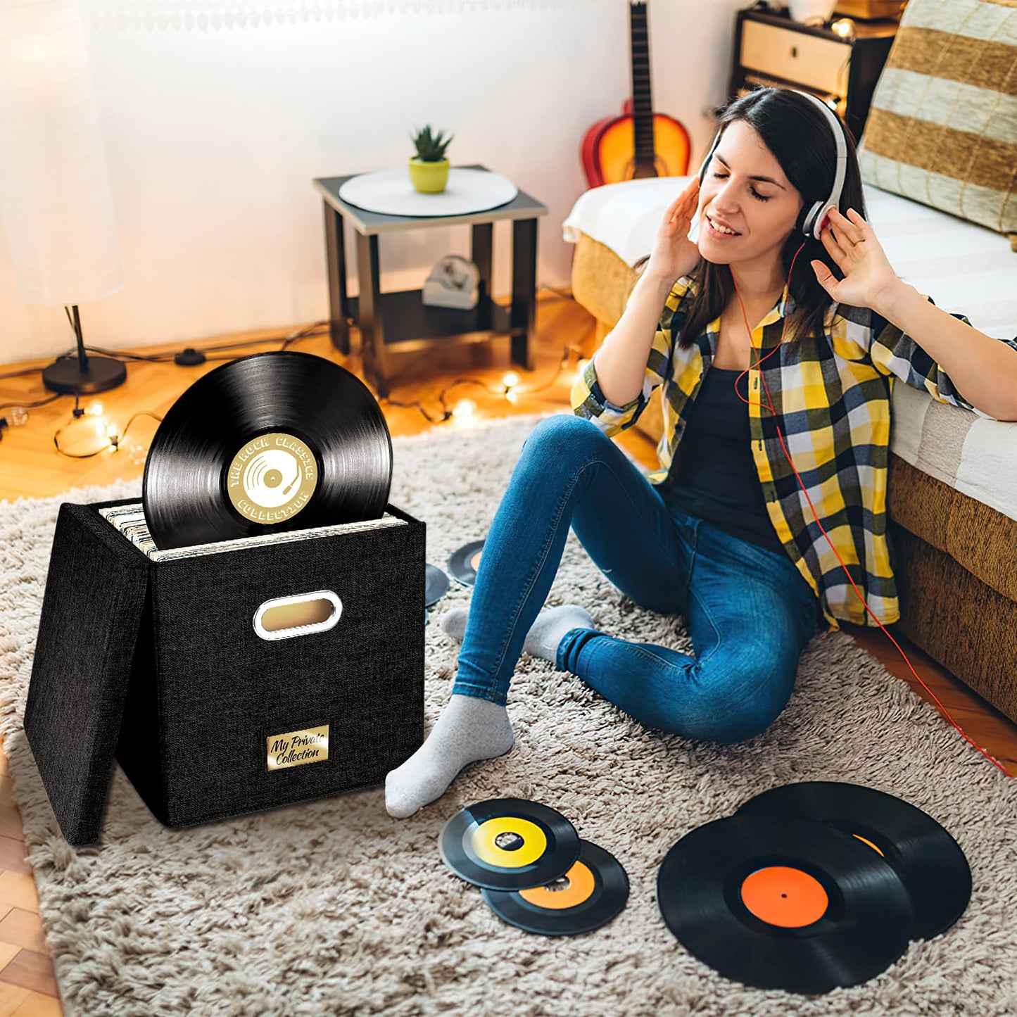 4 PCS 12-inch Vinyl Record Storage Box,Folding LP Case with Lid & Handle