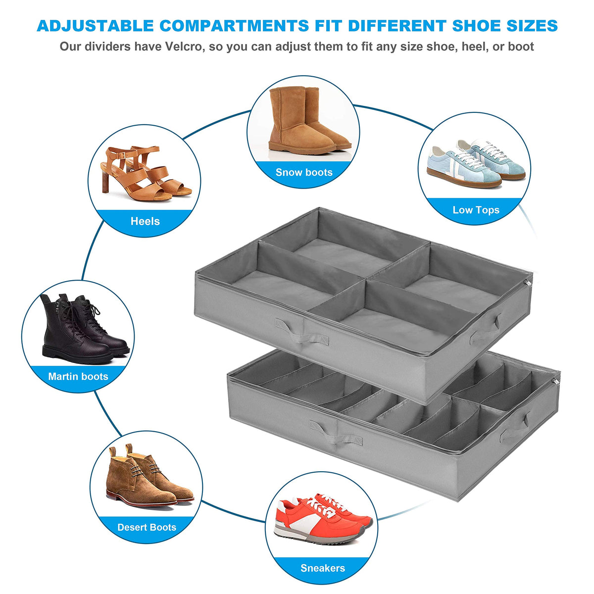 Under Bed Shoe Storage Box Set of 2, Fits 16+4 Pairs Boots Total, Underbed Shoe Storage Organiser with Reinforced Handles