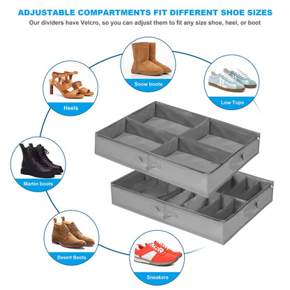 Under Bed Shoe Storage Box Set of 2, Fits 16+4 Pairs Boots Total, Underbed Shoe Storage Organiser with Reinforced Handles
