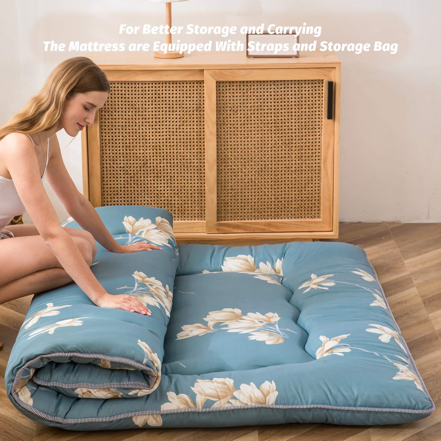 MAXYOYO Japanese Floor Mattress Futon Mattress, Thicken Tatami Mat Sleeping Pad Foldable Roll Up Mattress Dormitory Mattress Pad Floor Lounger Pillow