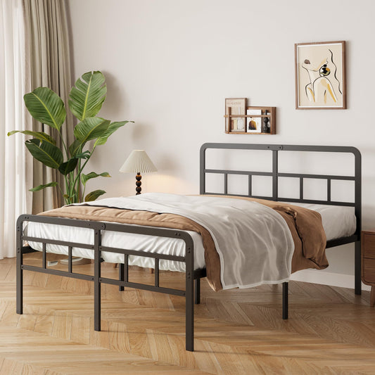 Yicensen 4ft6 Double Bed Frame with Curved Headboard and Footboard, 46cm Height Metal Bed Frame Double with Heavy Duty Slat Support, Underbed Storage