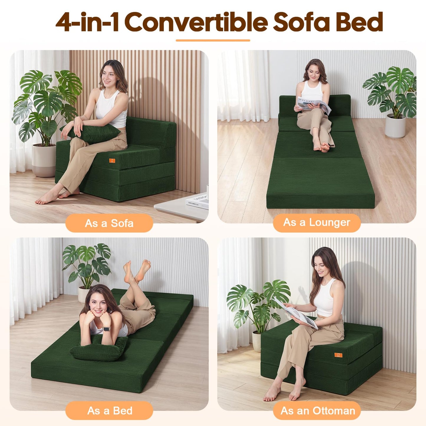 MeMoreCool Single Folding Sofa Bed, Convertible Boneless Couch, Green