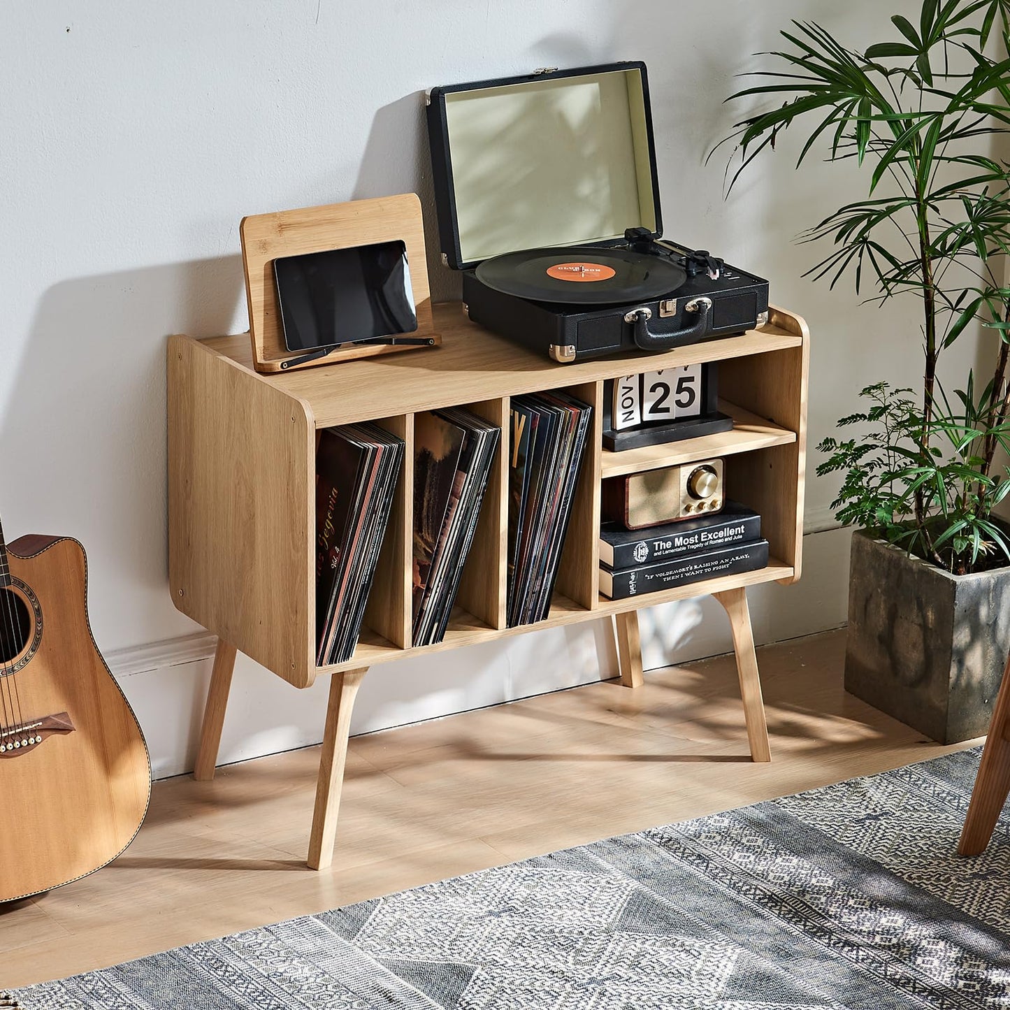 LELELINKY Record Player Stand, 4 Compartments, Holds Up to 220 Records