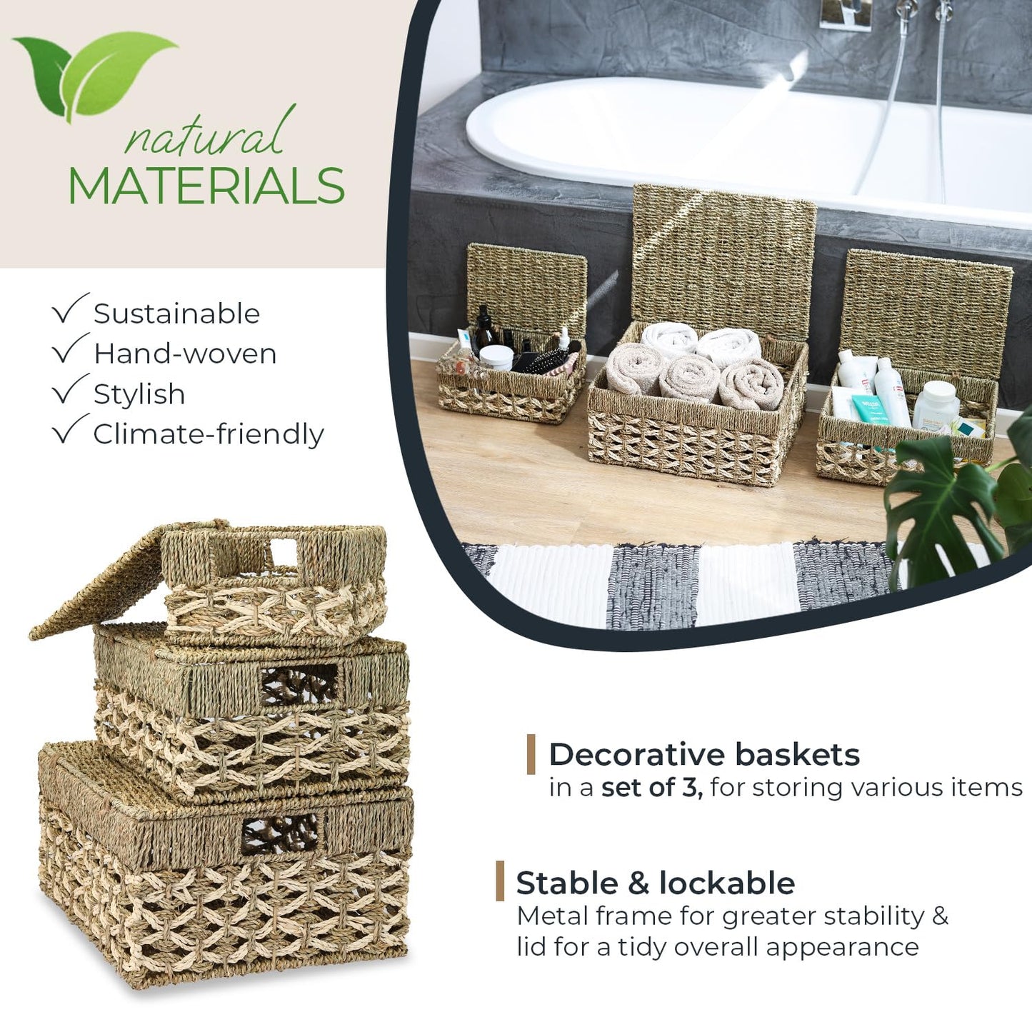HMF Set of 3 Storage Baskets with Lid, Seagrass and Palm Leaf Wicker Baskets | Small, Medium, Large