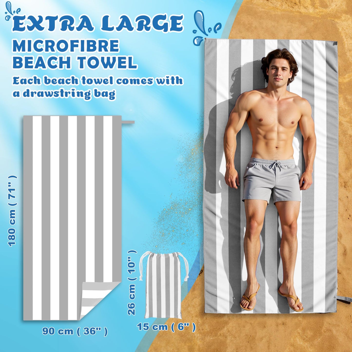 Anavasi Microfibre Beach Towels for Adults, 1 Pack 180 x 90cm 100% Recycled