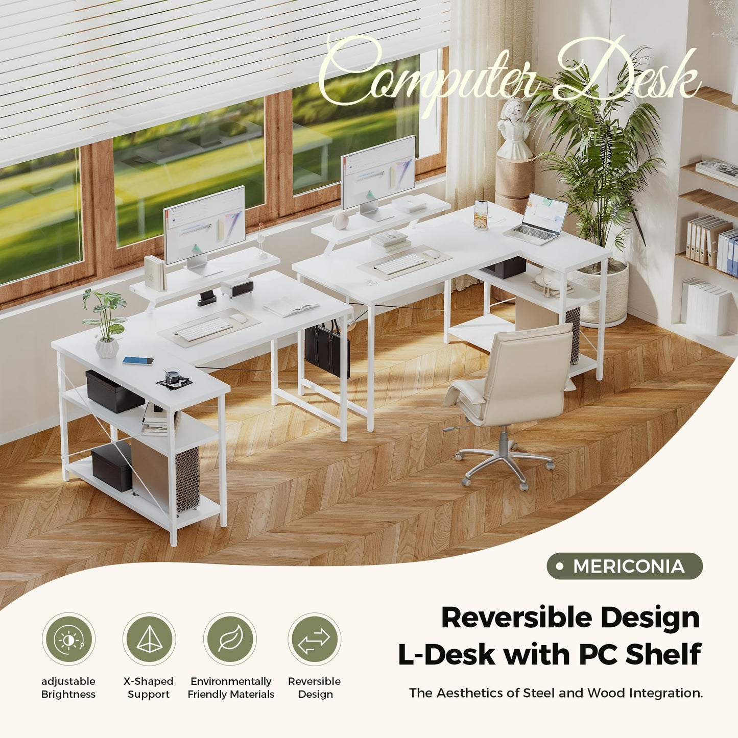 Mericonia Reversible Corner Desk, w. Led & Power Outlets, 100x70cm, White