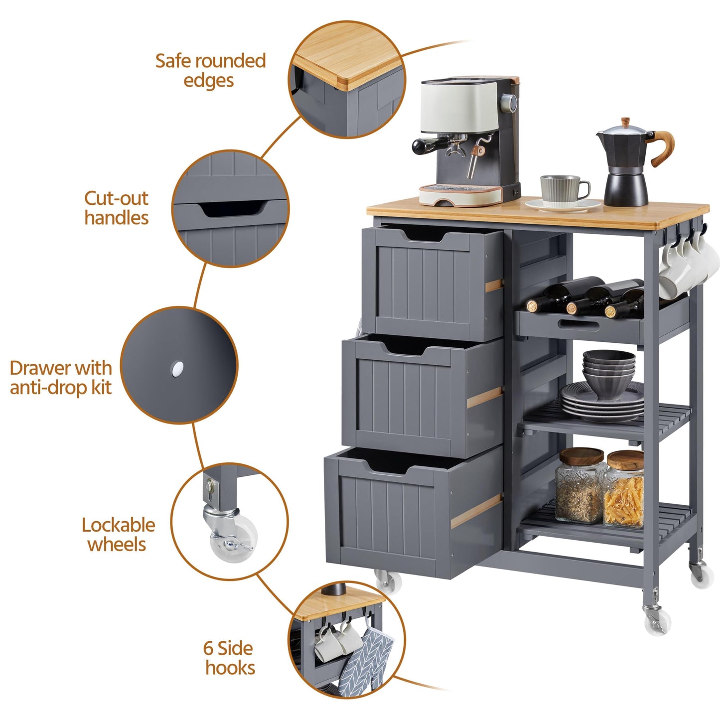 Yaheetech Rolling Kitchen Trolley Kitchen Island Cart with 3 Shelves Grey