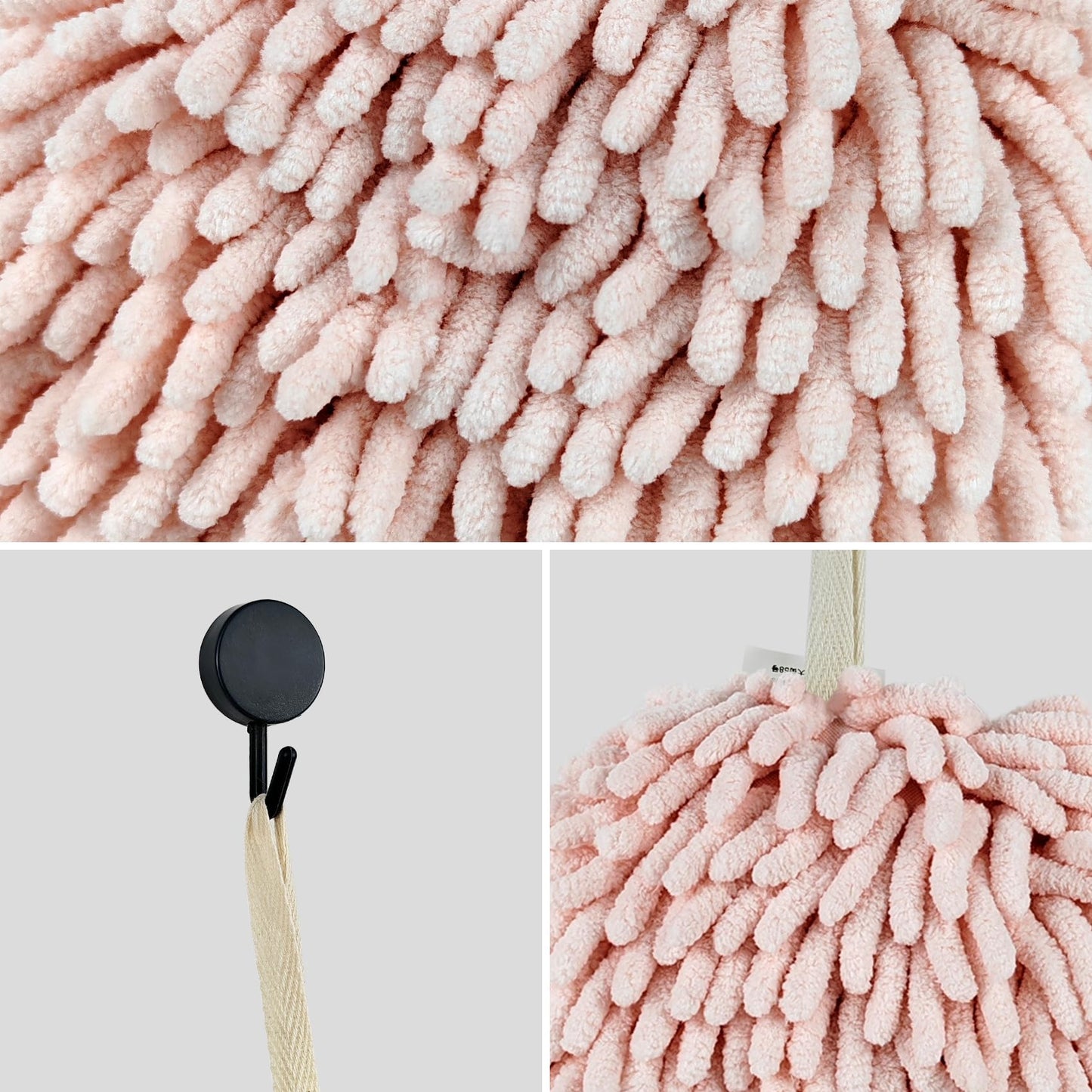 Fuzzy Ball Hand Towels, Set of 2, Chenille Quick Dry, 6.9inch (pink)