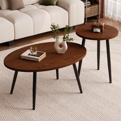 Vanpoo 2 Pcs Oval Coffee Table,Retro Walnut Coffee Tables Nesting Tables Set,Easy Assembly Mid Century Modern Coffee Tables for Living Room