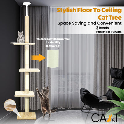 CA&T Luxury Floor to Ceiling Cat Tree | Height Adjustable Cat Climbing Tower with Scratch Post | Cat Towers for Indoor Cats with Multiple Levels &