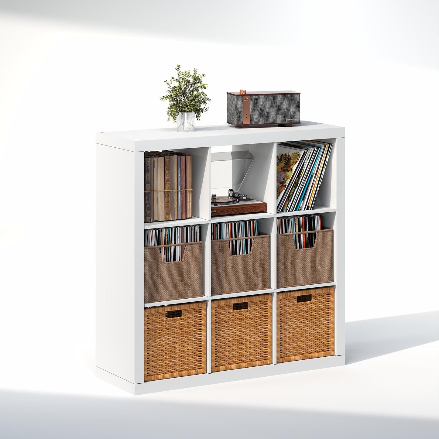 Furinno CUBICLE Record Player Stand with Vinyl Storage, 9-Cube 1.8 Triple Thick Vinyl Record Storage