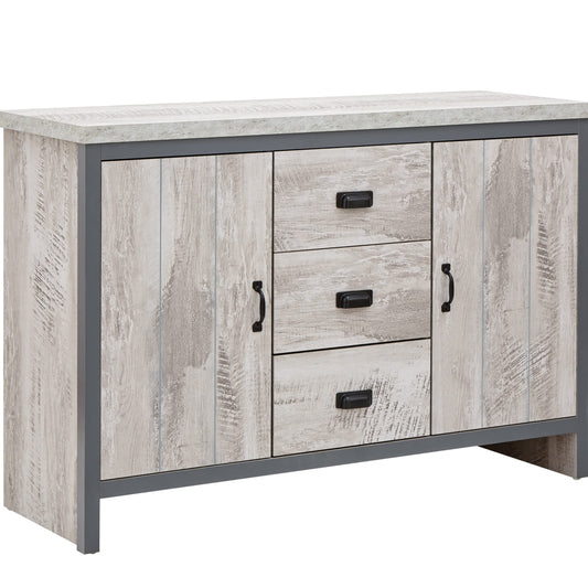 GFW Boston Sideboard Unit With 3 Storage Drawers & 2 Door Storage Cabinets & Adjustable shelves, Contemporary Grey Wooden Oak Sideboards For Living