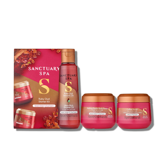 Sanctuary Spa Ruby Oud Gift Set ? Vegan & Cruelty-Free 3-Piece Travel Spa Trio with Shower Oil, Coffee Scrub & Body Butter ? Luxurious Oud & Amber