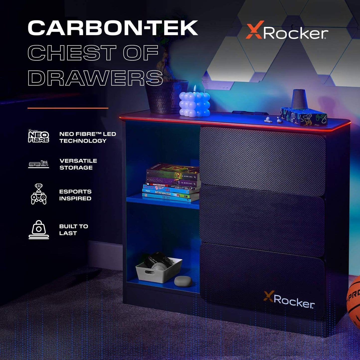 X Rocker Carbon-Tek 70cm Width, RGB LED Chest of Drawers - Neo Fibre Lighting, 3 Drawer, 2 Open Shelves, Durable Wooden Frame for Kids & Teens