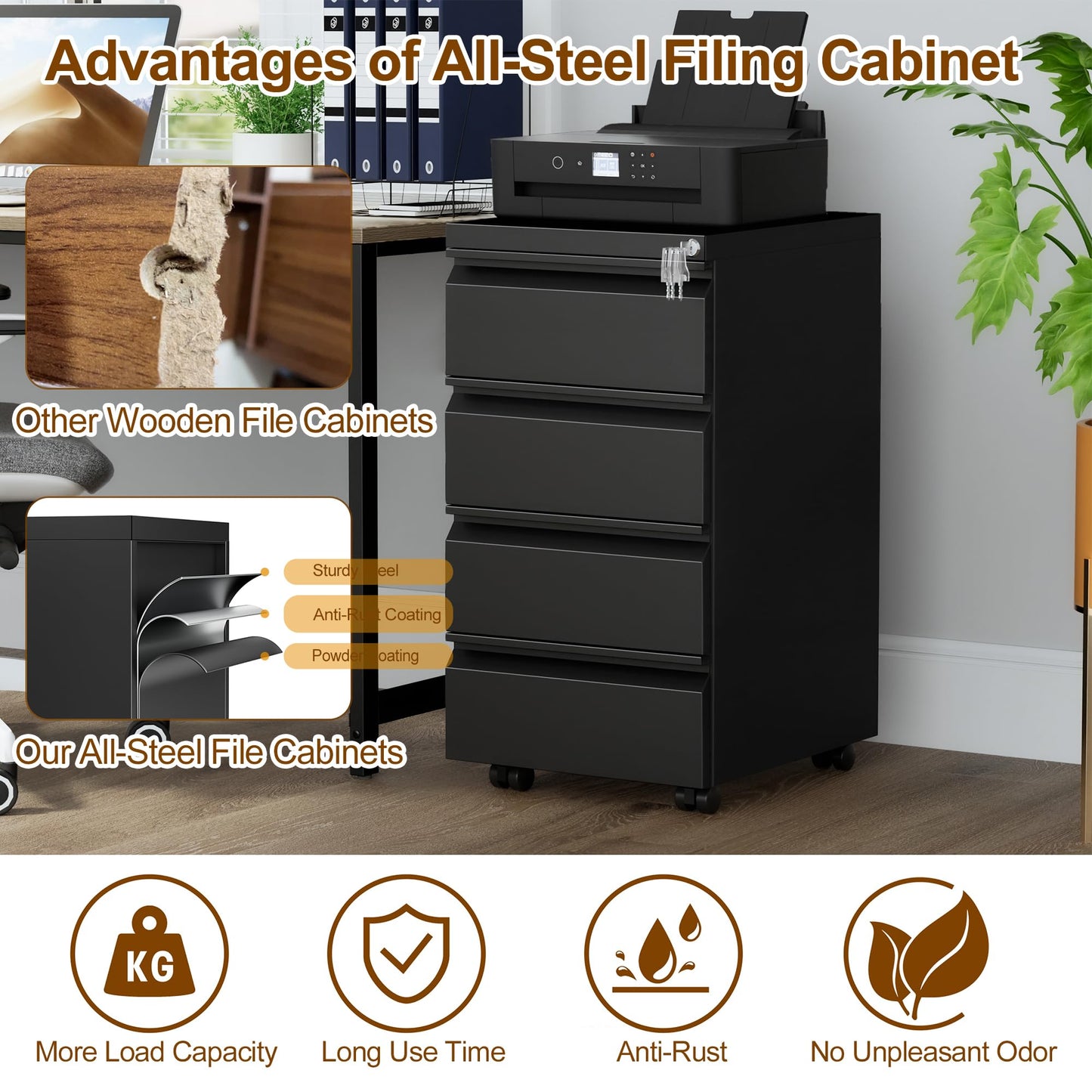 HOMSTEEL 4 Drawers File Cabinet, Metal Filing Cabinet with Lock, Mobile File Cabinet, Fully Assembled Except Casters, for Office, Home Office, Black