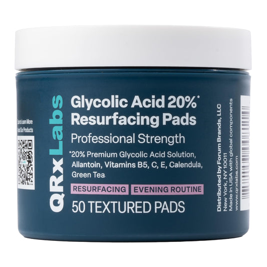 QRxLabs Glycolic Acid 20% Resurfacing Pads With Vitamins B5, C & E, Green Tea, Calendula, Allantoin - Exfoliates Surface Skin And Reduces Fine Lines