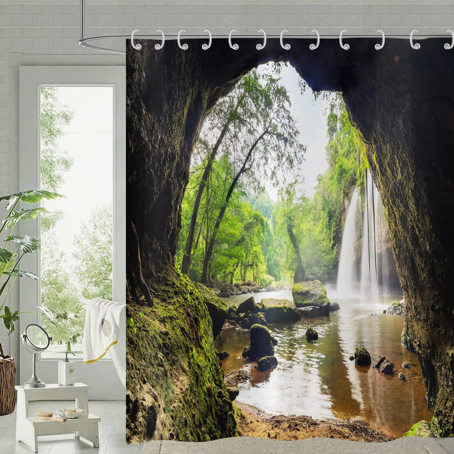 Hnmdmyi Forest Shower Curtain 90x180, Tropical Jungle Rainforest Green Tree Plant Nature Mountain Cave Landscape Waterfall Scenery Bathroom Curtains