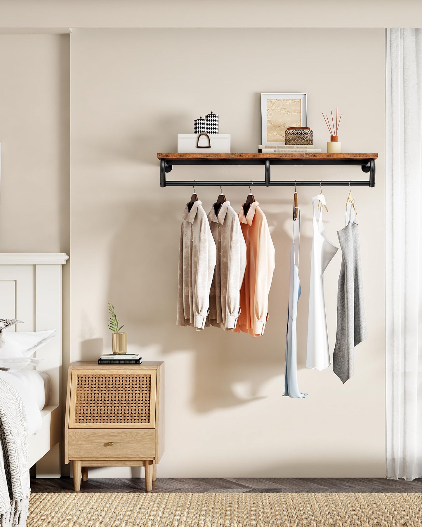 CHOEZON Wall Mounted Clothes Rack, Metal Garment Rack with Top Shelf, 110 cm Laundry Storage Shelf with Hanging Rod, for Laundry Room, Bedroom