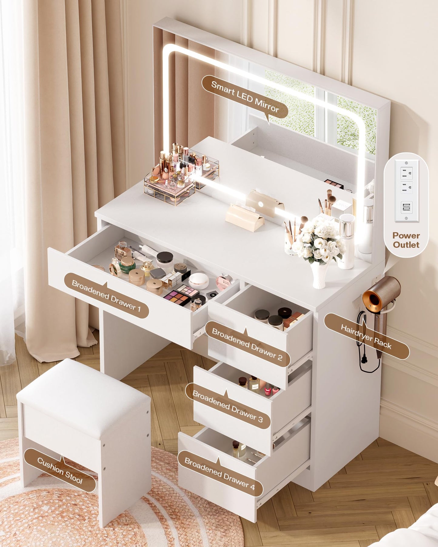 LIVELYGLOW Dressing Table with Smart LED Mirror & Power Outlet, 90cm White Makeup Vanity Desk Set with 4 Drawers, Hairdryer Holder & Cushioned Stool