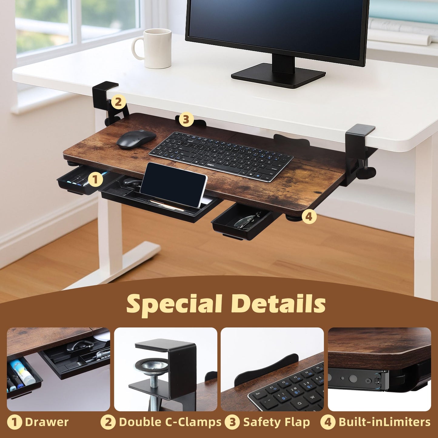 Large 26.77" Keyboard Tray Under Desk with Storage Drawer - Heavy Duty C-Clamp Mount, Ergonomic Computer Keyboard Stand for Home Office, Easy Install