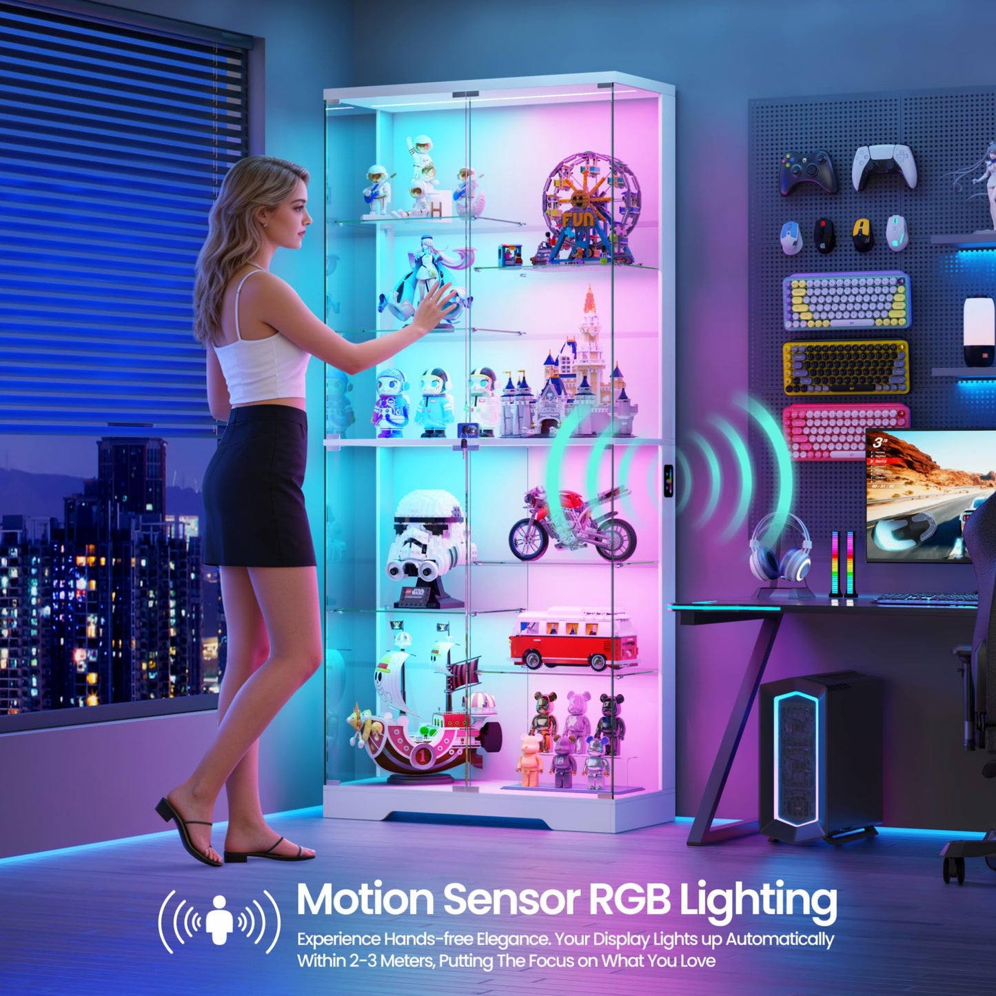 10-Tier Display Cabinets with RGB Lights Human Sensor for Collectibles