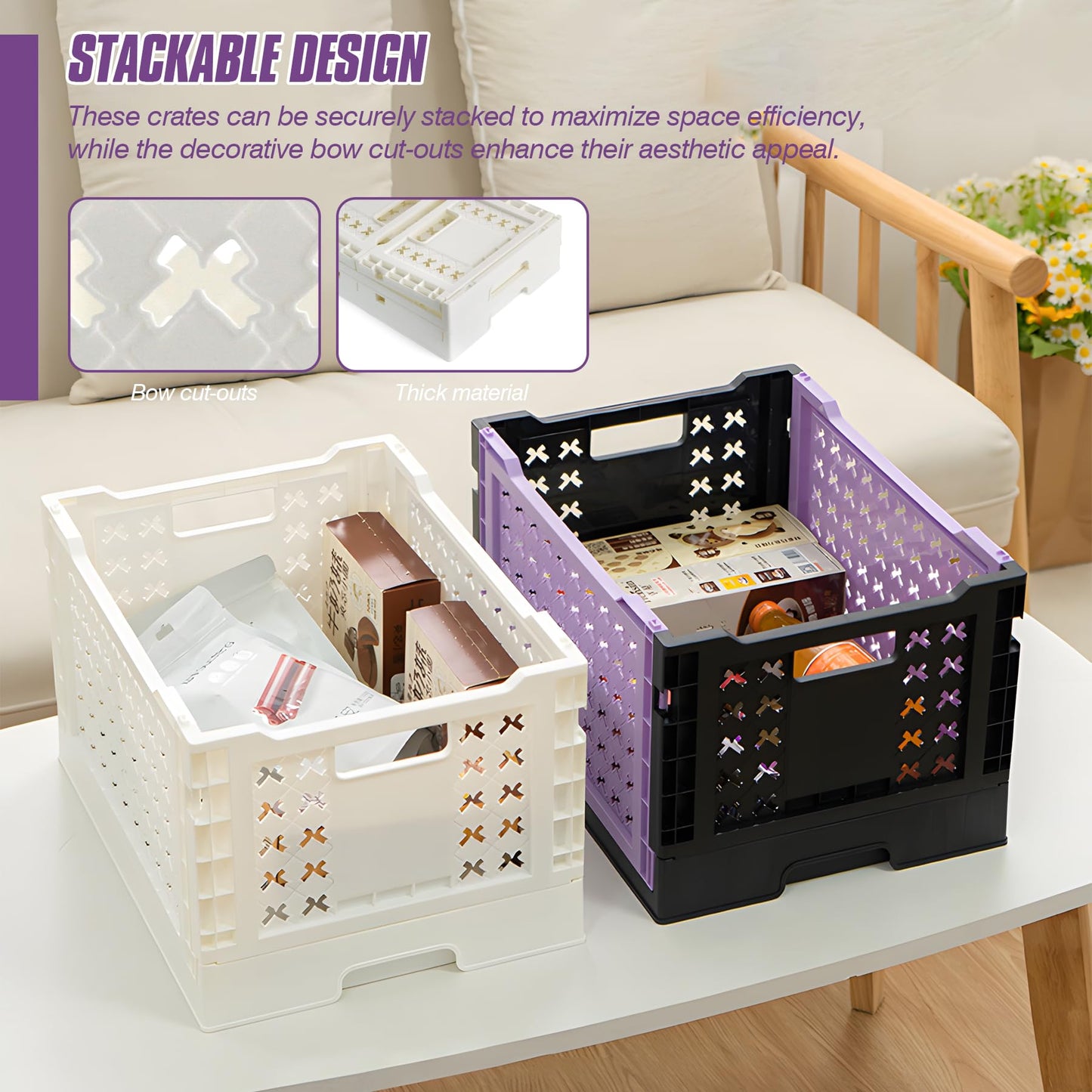 Spesh 2 Pcs Collapsible Crates Storage Boxes Plastic Foldable Crates Stackable Folding Storage Baskets for Home Kitchen Office(White, 30x22x18cm)