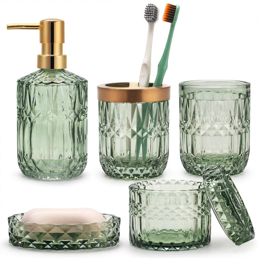 5PCS Green Glass Bathroom Accessories Sets of Lotion Dispenser, Soap Dish, Toothbrush Holder, Tumbler, Cotton Swab Jars, Modern Bath Decor, Vintage