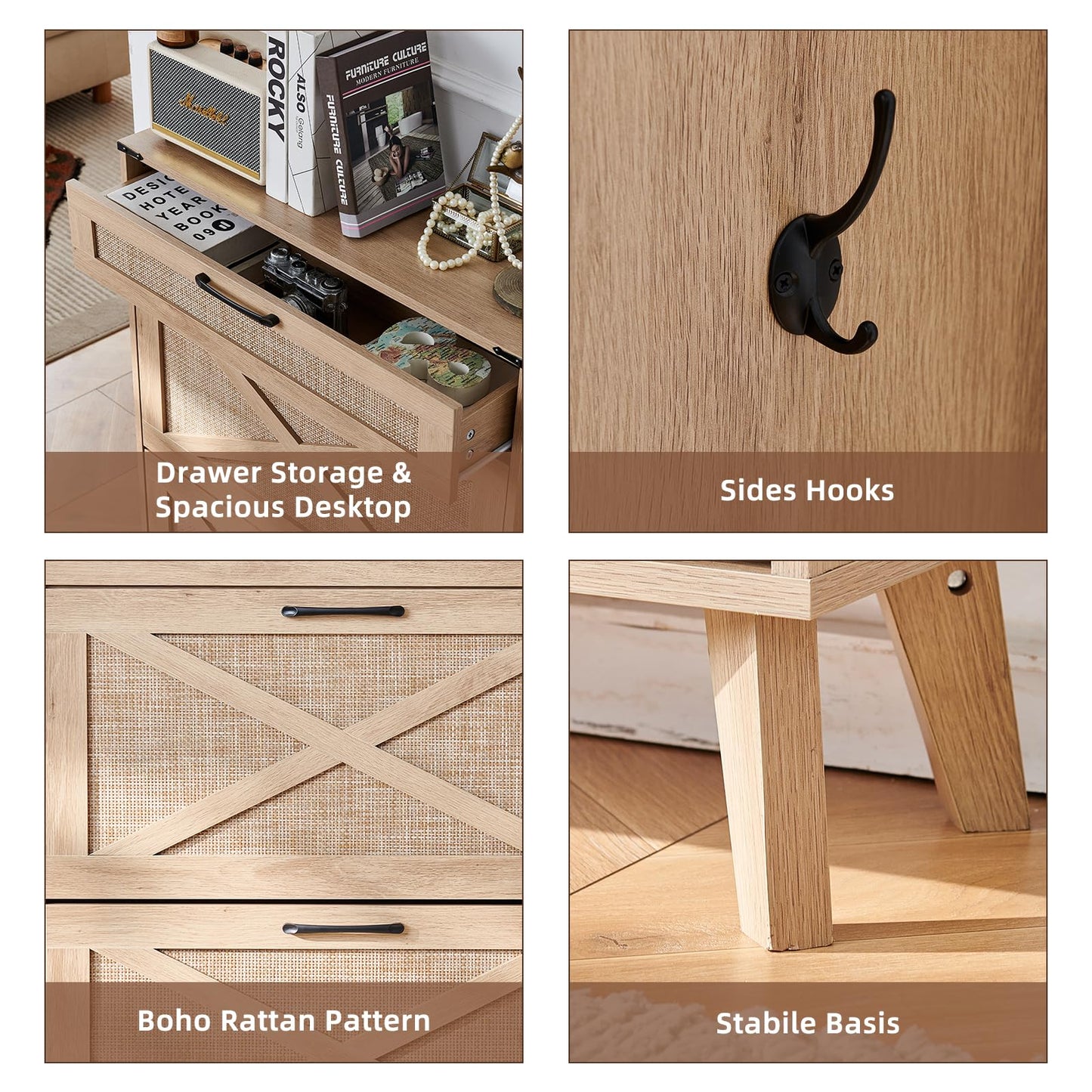 LELELINKY Rattan Slim Narrow Shoe Storage with 2 Flip Drawers, Natural