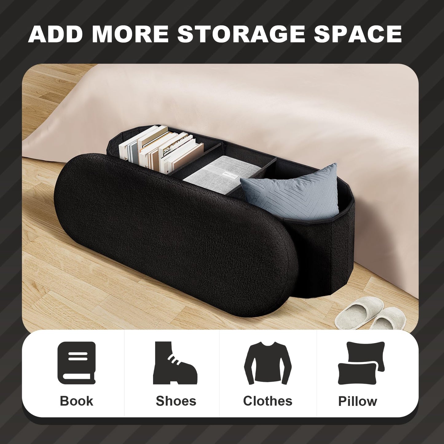 PINPLUS Foldable Oval Ottoman Storage Bench, Black, 110x38x38 cm