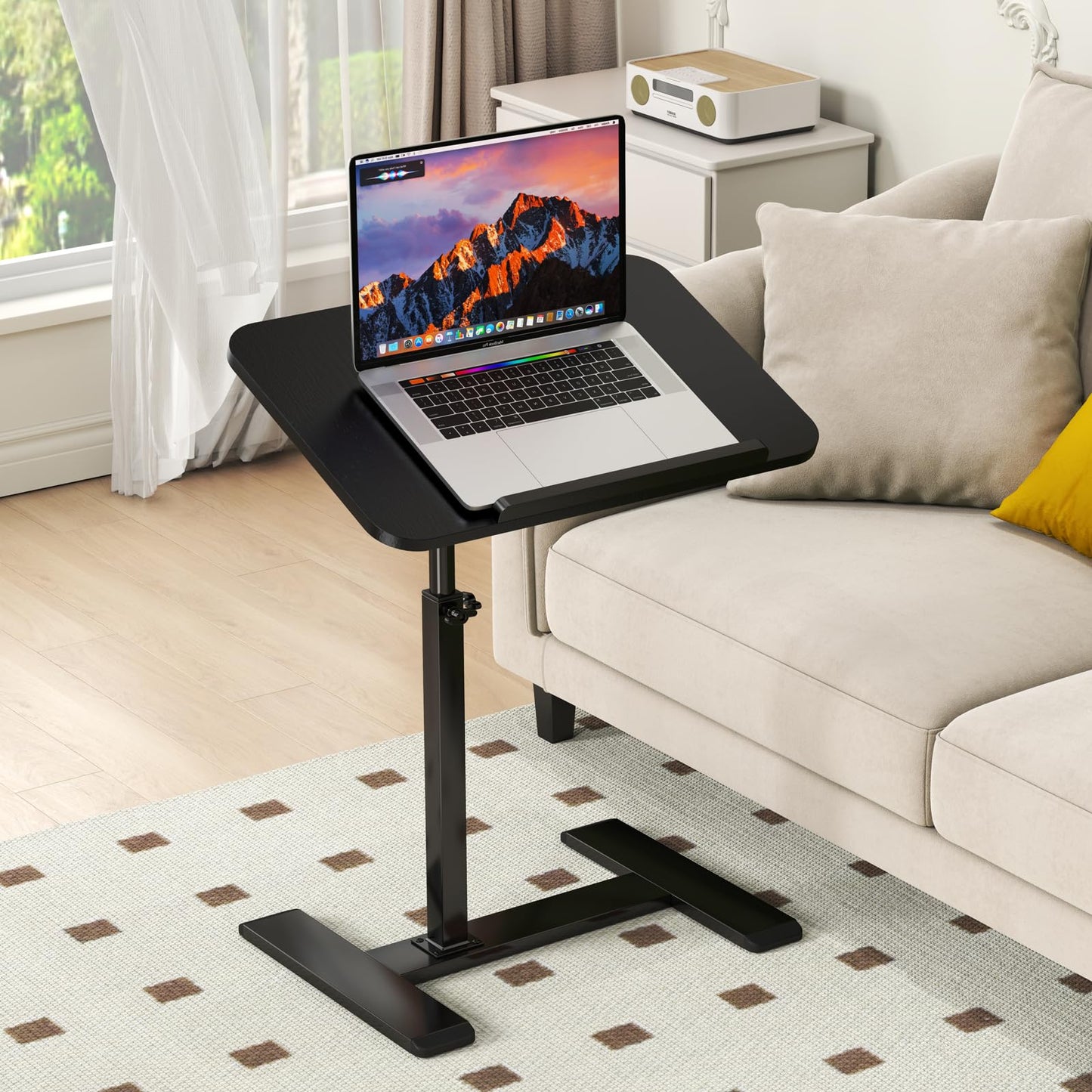 Adjustable Height C Shaped Side Table,360°Swivel Overbed Table,Top Tilting Laptop Stand Tray Tables with Wheels,Mobile Couch End Tables that Slide