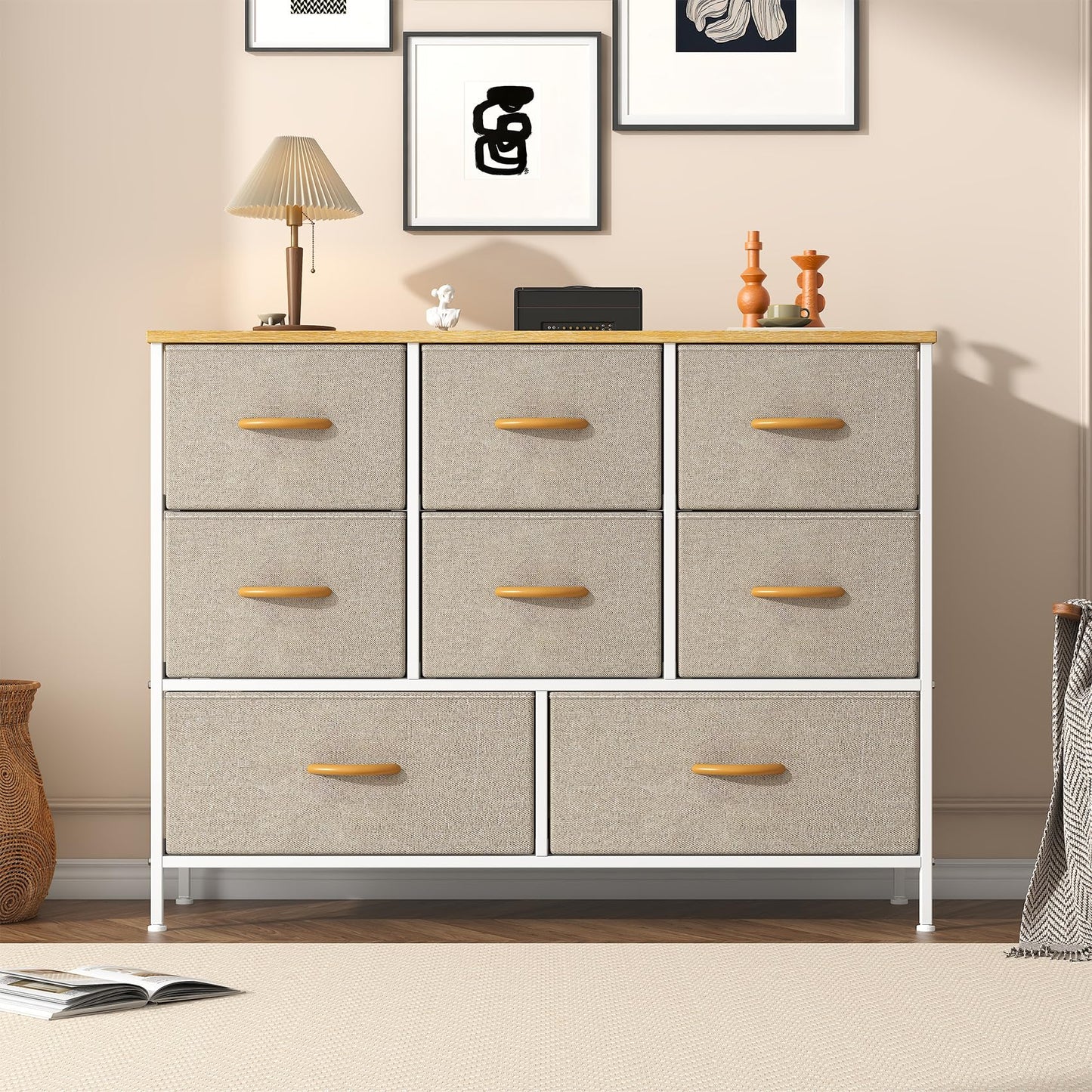 Feonase Chest of Drawers,Bedroom Dresser with 8 Fabric Drawers, Metal Frame & MDF Wood Top, Adjustable Feet, Storage Organizer Unit for Bedroom