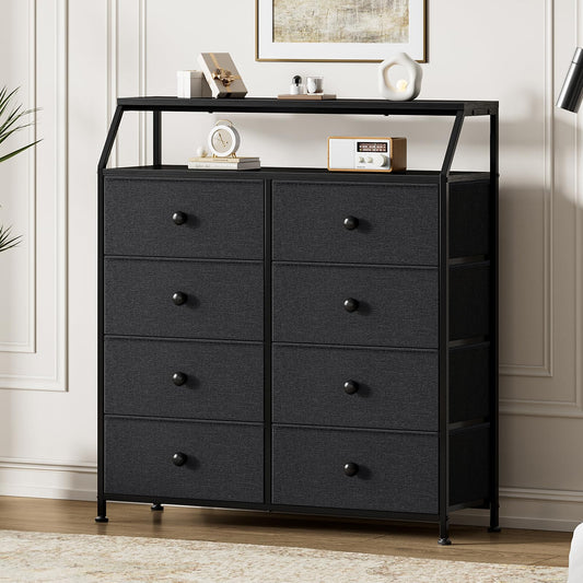 Mossora Chest of Drawers with 8 Drawers, Black Dresser for Bedroom with Shelf and 2Pcs Wooden Top, Large Storage Organizer Unit for Closet, Living
